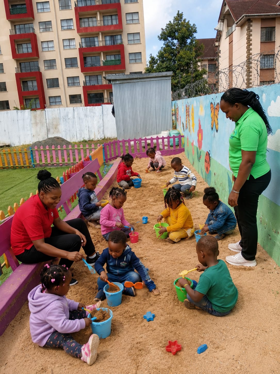 Little ones playing in the sandpit with their teachers